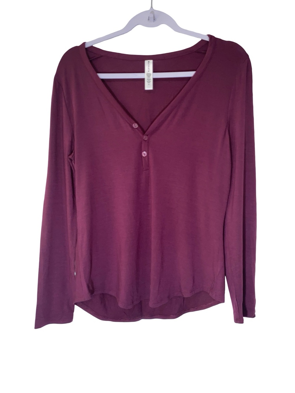 Athleta Nighttime Bliss Sleep Top Burgundy Plum Henley V-Neck Long Sleeve Size M